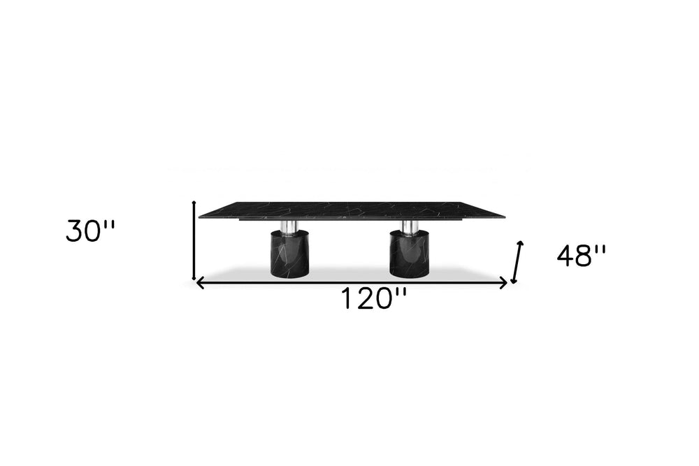 120" Black Marble Double Pedestal Base Dining Table - Homeroots - Flyclothing LLC