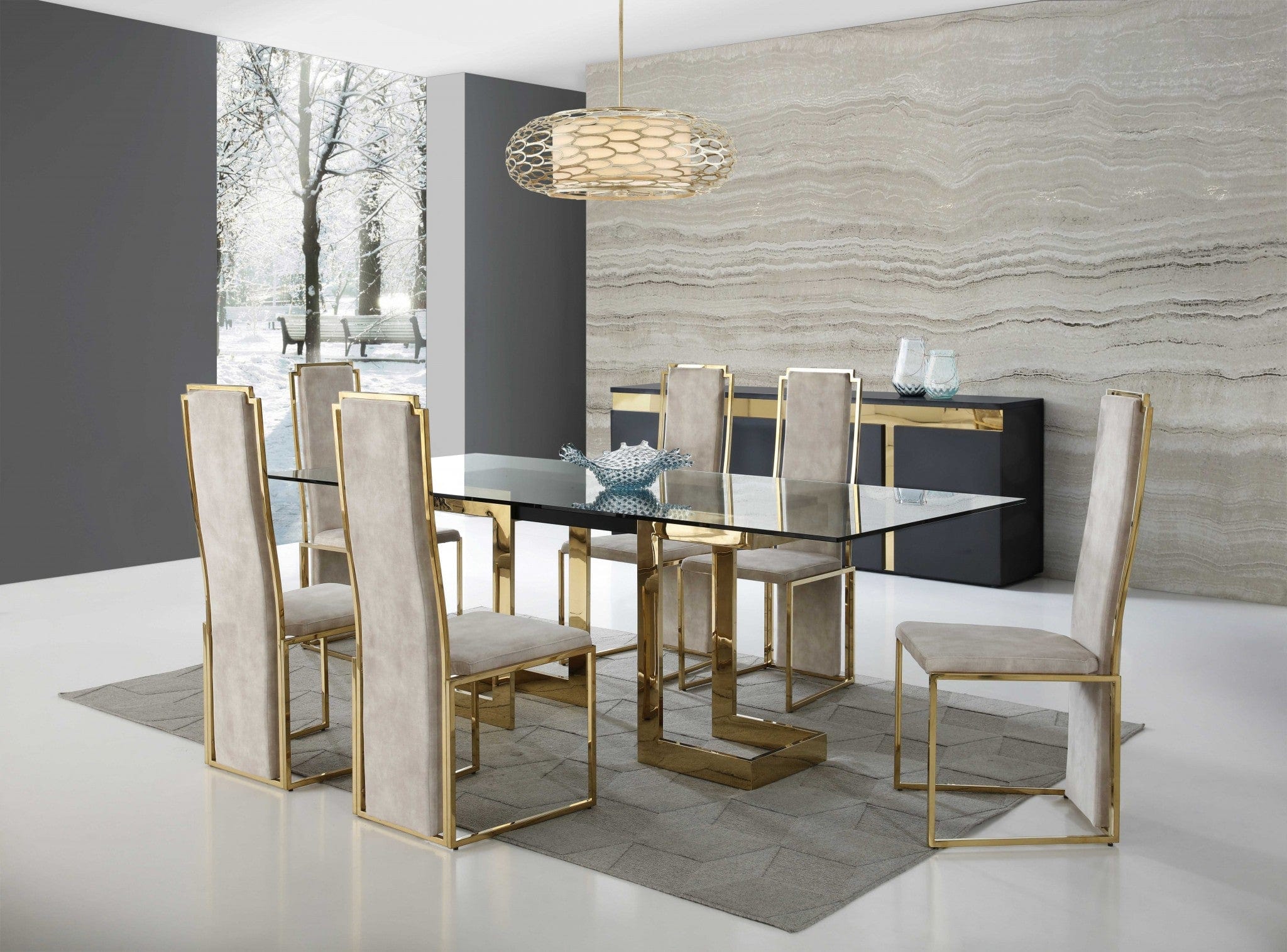 87" Clear And Gold Glass And Stainless Steel Double Pedestal Base Dining Table - Homeroots