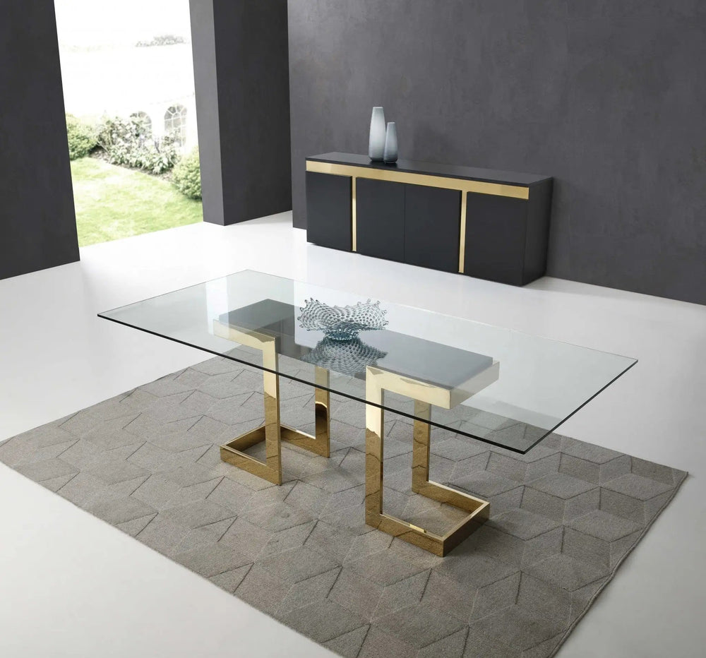 87" Clear And Gold Glass And Stainless Steel Double Pedestal Base Dining Table - Homeroots - Flyclothing LLC