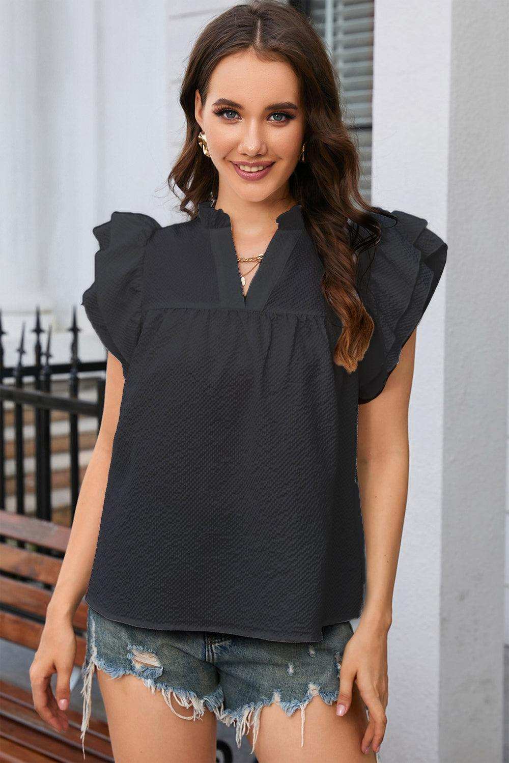 Notched Neck Butterfly Sleeve Blouse - Trendsi - Flyclothing LLC