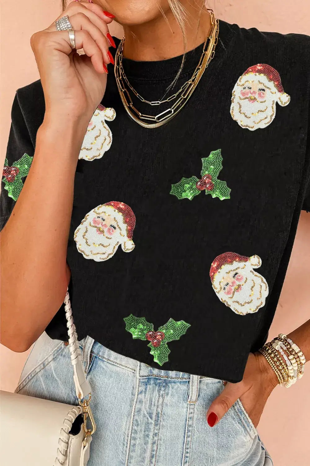 Christmas Holly Santa Claus Sequin Patched Graphic Tee - Trendsi - Flyclothing LLC