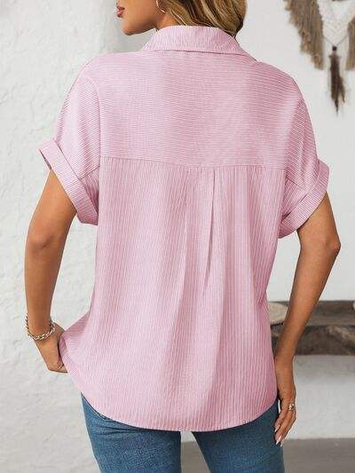Mandy Pocketed Striped Collared Neck Short Sleeve Shirt - Trendsi - Flyclothing LLC