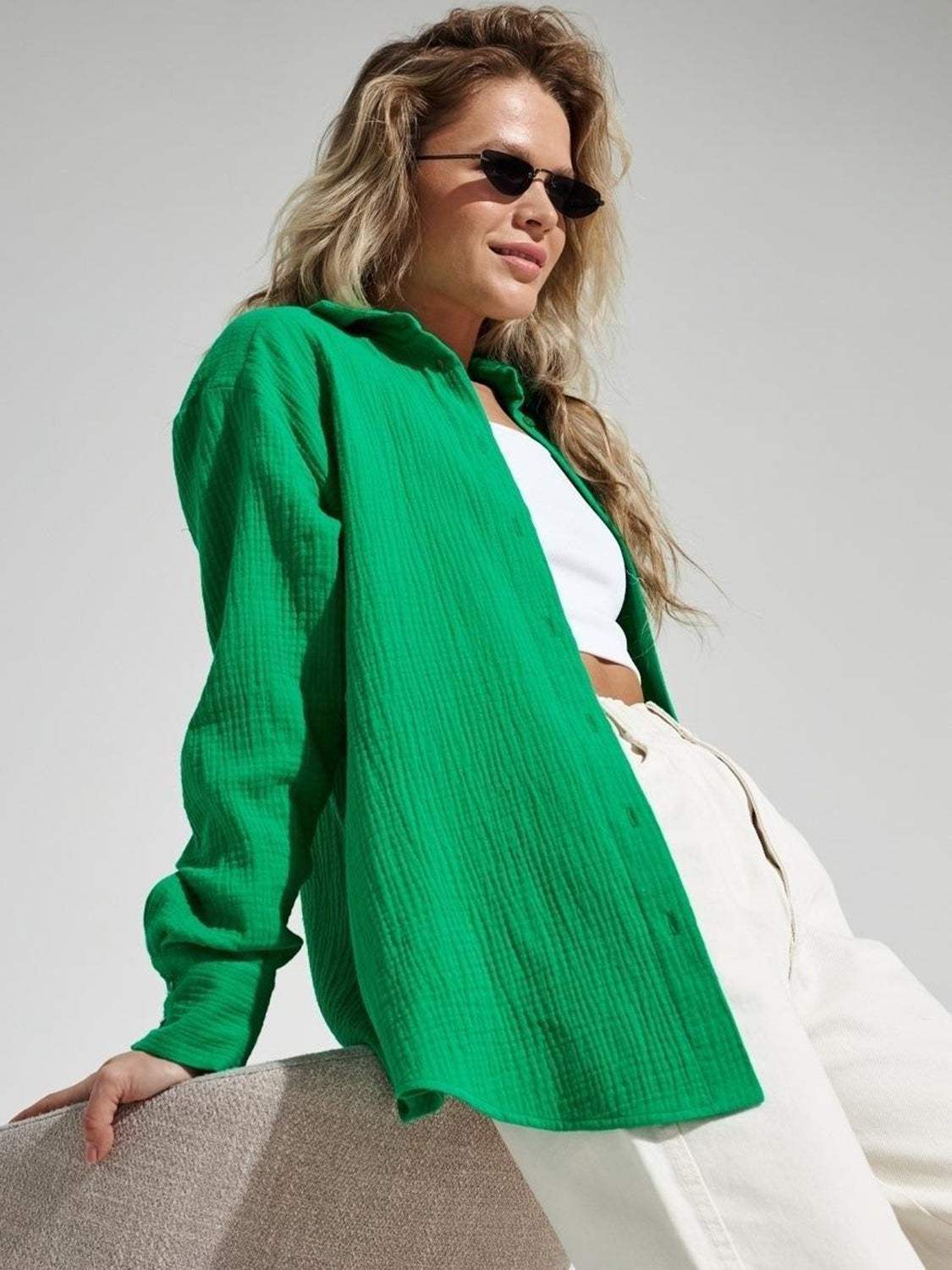 Textured Collared Neck Long Sleeve Shirt - Trendsi - Flyclothing LLC