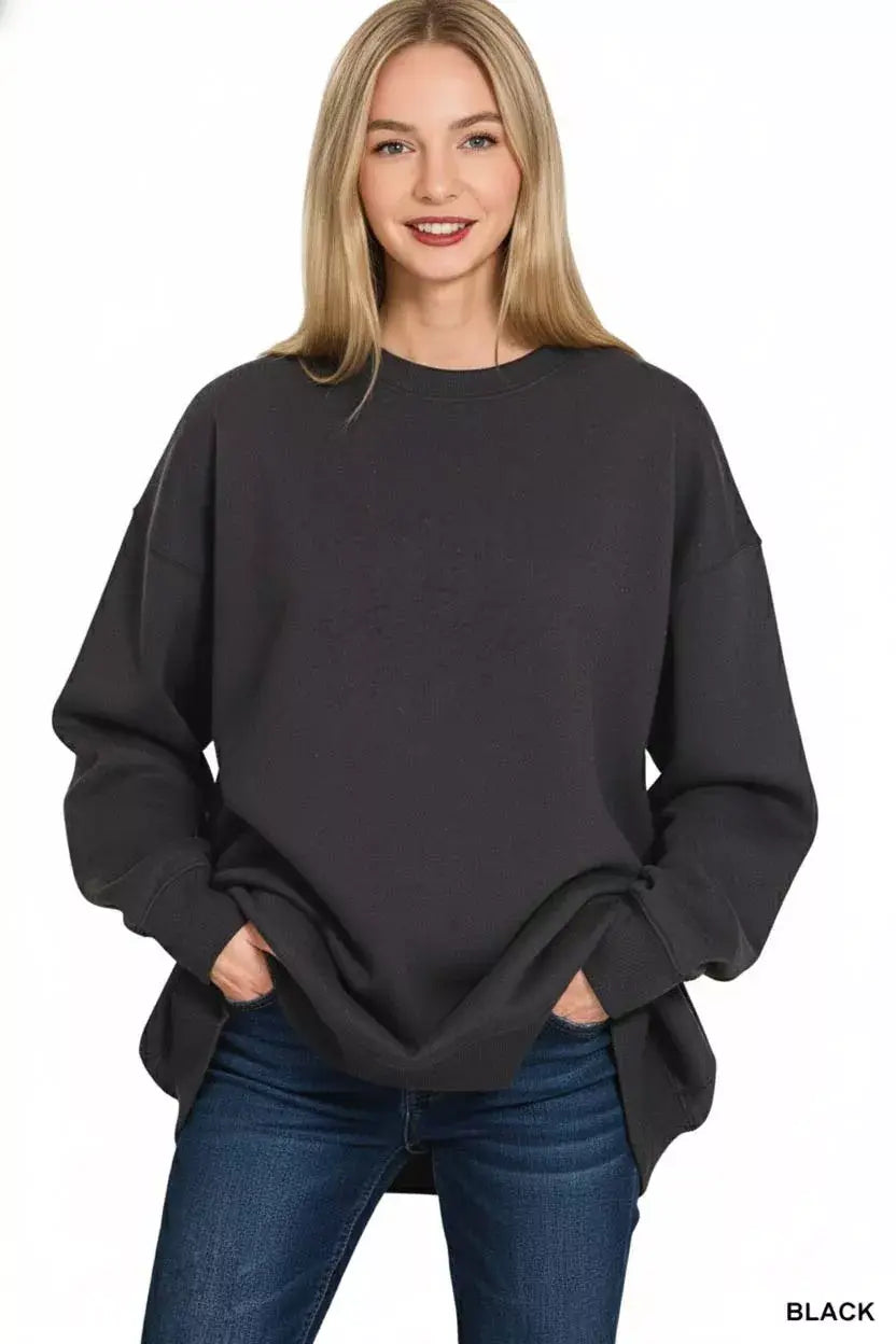 Zenana Oversized Round Neck Fleece Tunic Sweatshirt - Trendsi - Flyclothing LLC
