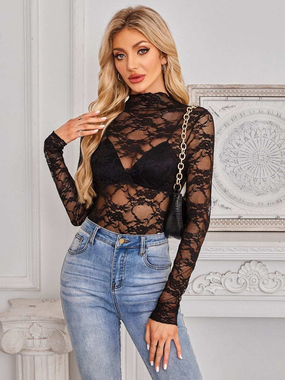Mock Neck Long Sleeve Lace Sheer Top - Trendsi - Flyclothing LLC