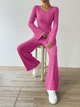 Ribbed V-Neck Long Sleeve Top and Pocketed Pants Set - Trendsi - Flyclothing LLC
