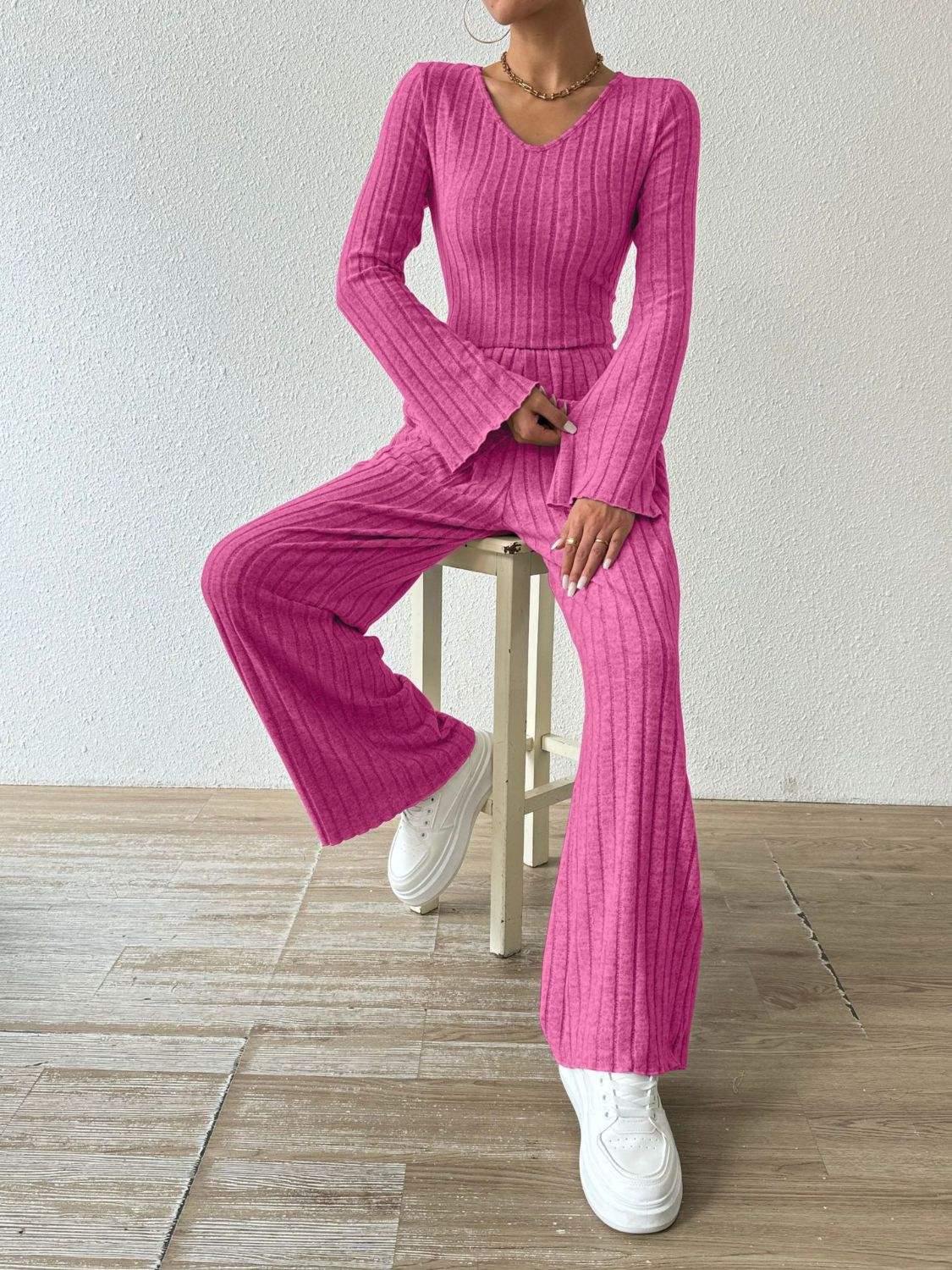Ribbed V-Neck Long Sleeve Top and Pocketed Pants Set - Trendsi - Flyclothing LLC