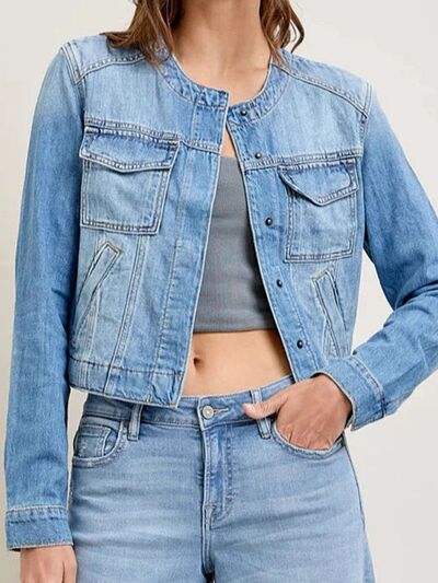 Snap Down Dropped Cargo Denim Jacket - Trendsi - Flyclothing LLC