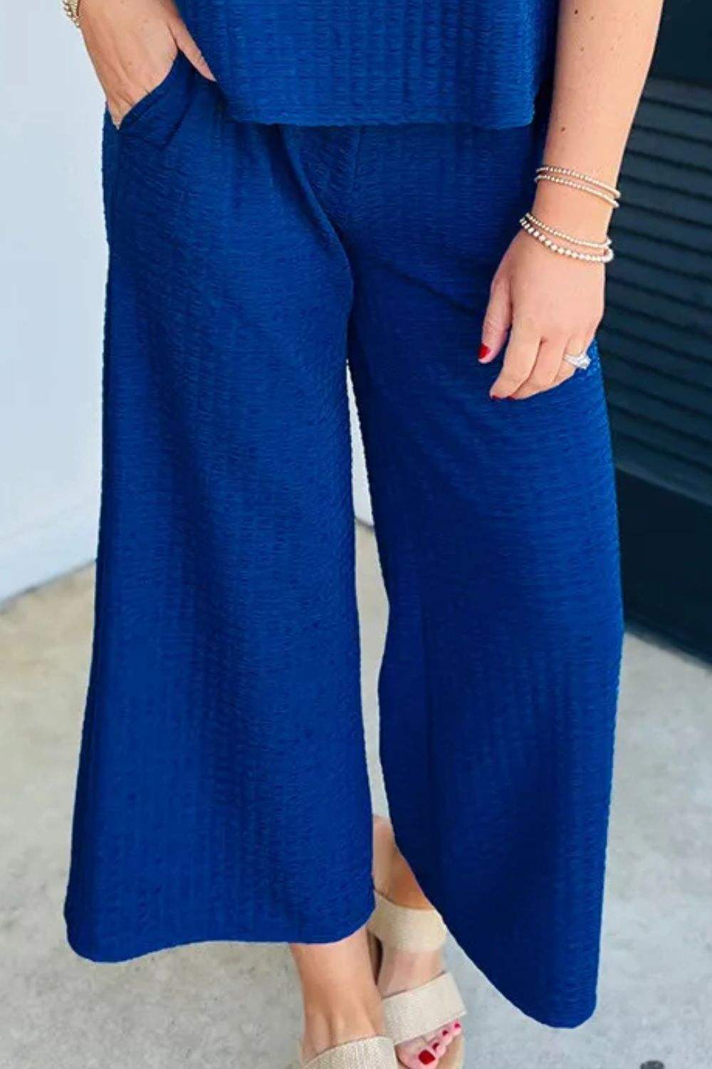 Round Neck Cap Sleeve Top and Pants Set - Trendsi - Flyclothing LLC