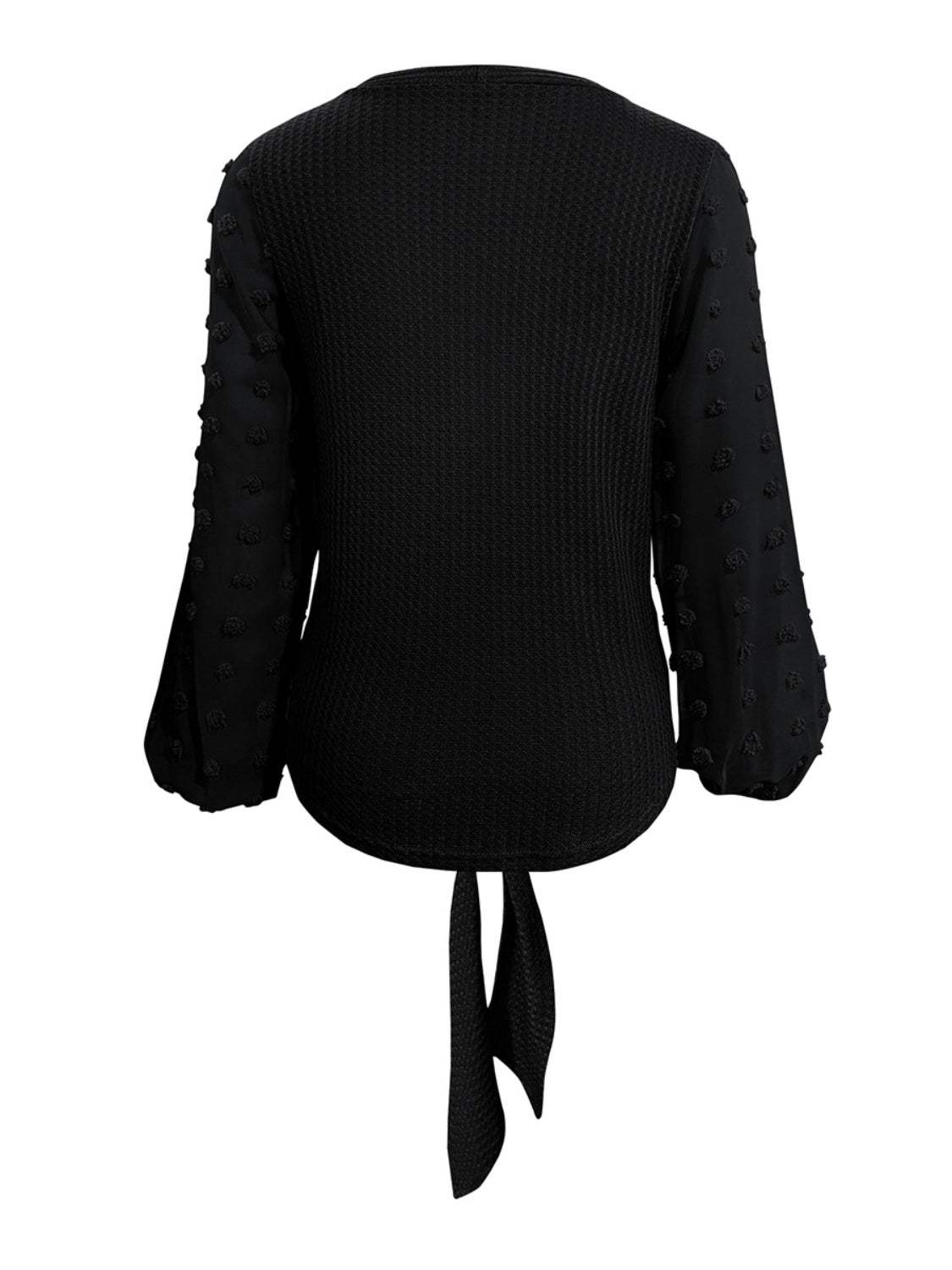 Tied Swiss Dot V-Neck Long Sleeve Blouse - Trendsi - Flyclothing LLC
