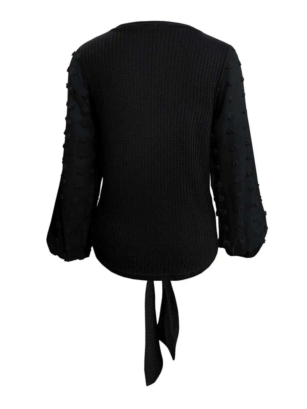 Tied Swiss Dot V-Neck Long Sleeve Blouse - Trendsi - Flyclothing LLC