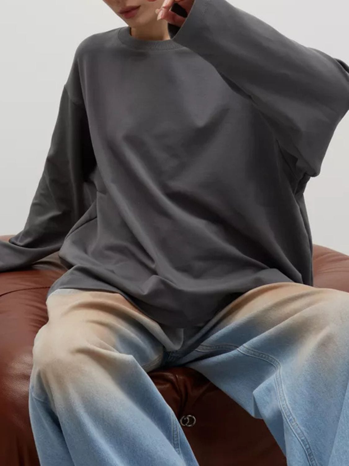 Round Neck Dropped Shoulder Long Sleeve T-Shirt - Trendsi