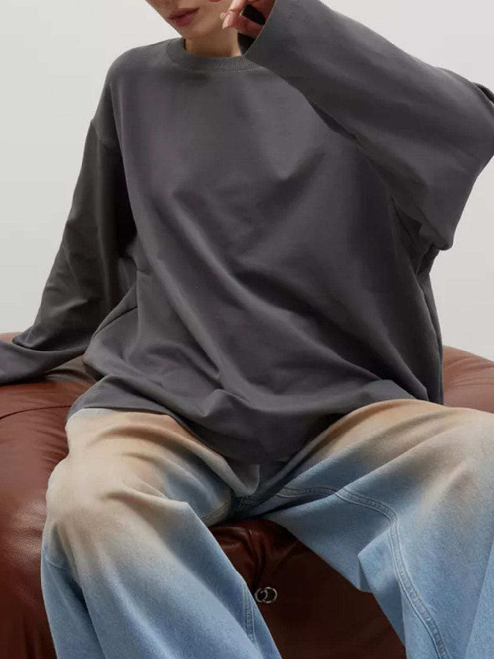 Round Neck Dropped Shoulder Long Sleeve T-Shirt - Trendsi - Flyclothing LLC