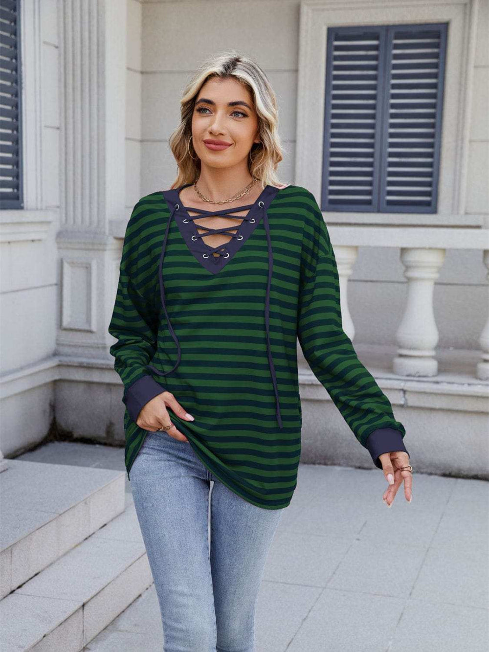 Lace-Up Striped Long Sleeve T-Shirt - Trendsi - Flyclothing LLC