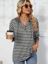 Drawstring Striped Long Sleeve Hoodie - Trendsi - Flyclothing LLC
