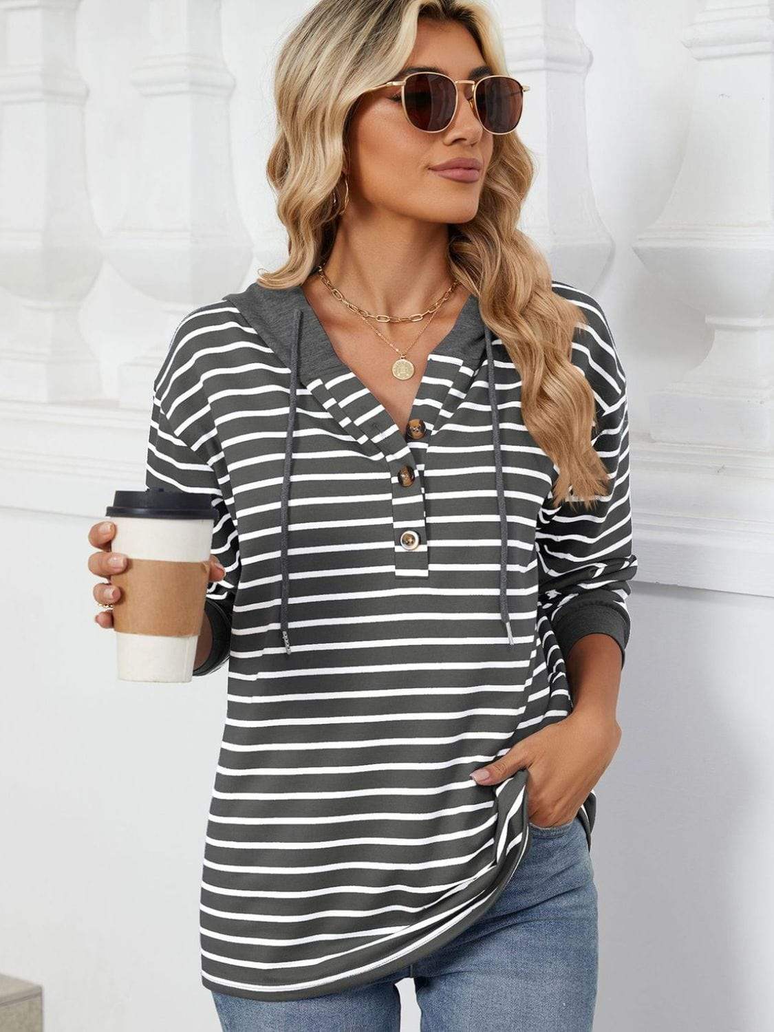 Drawstring Striped Long Sleeve Hoodie - Trendsi - Flyclothing LLC