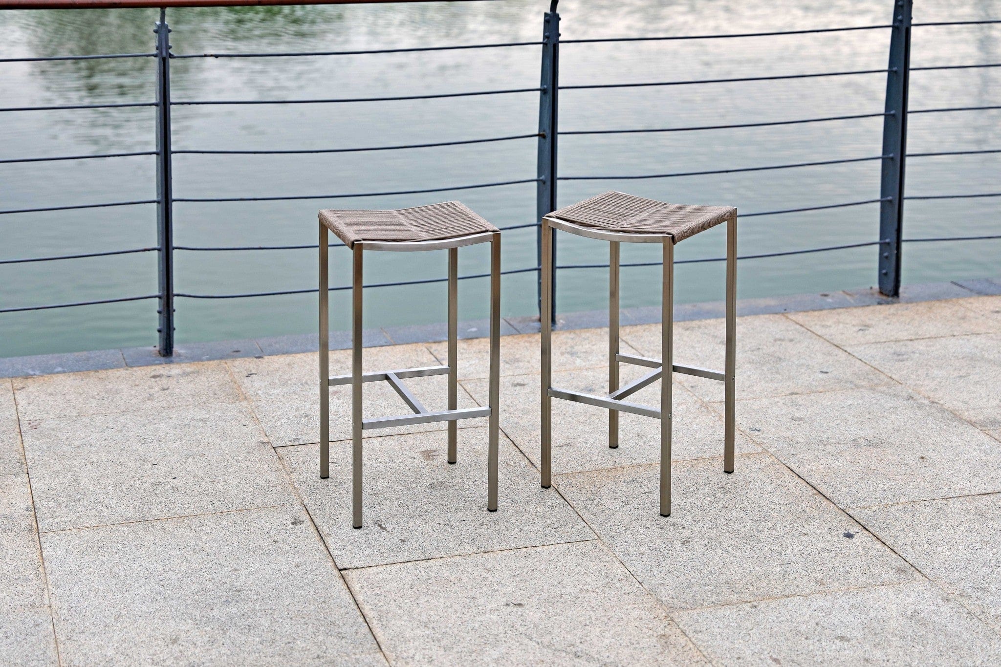 Set of Four 28" Brown And Silver Stainless Steel Backless Bar Height Bar Chairs - Homeroots