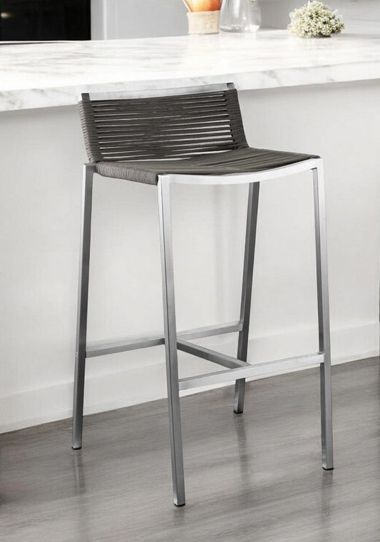 28" Brown And Silver Stainless Steel Low Back Bar Height Bar Chair