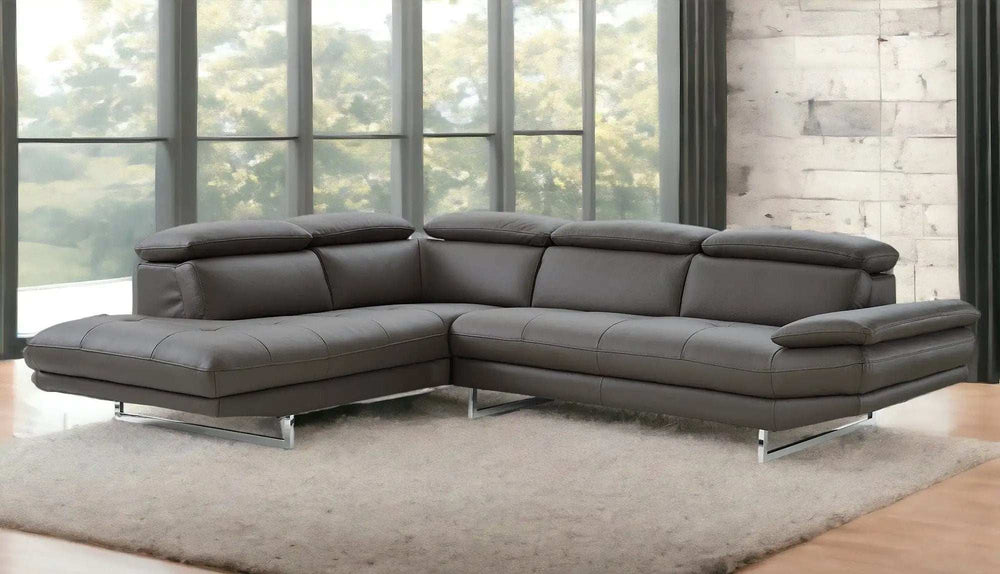 Dark Gray Genuine Leather L Shaped Two Piece Sofa and Chaise Sectional - Homeroots - Flyclothing LLC
