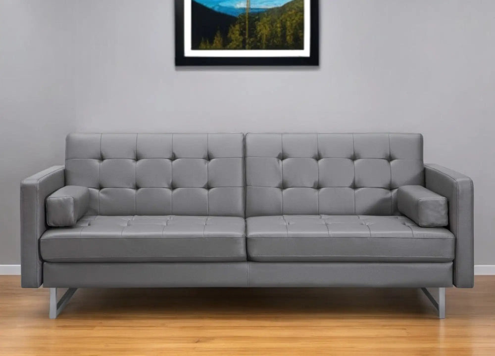 80" Gray Faux Leather Sleeper Sofa With Silver Legs - Homeroots