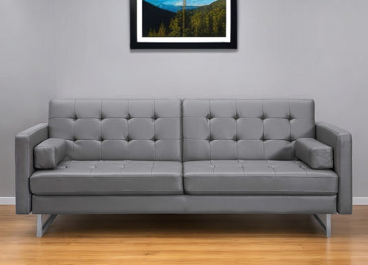 80" Gray Faux Leather Sleeper Sofa With Silver Legs