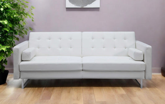 80" White Faux Leather Sleeper Sofa With Silver Legs - Homeroots