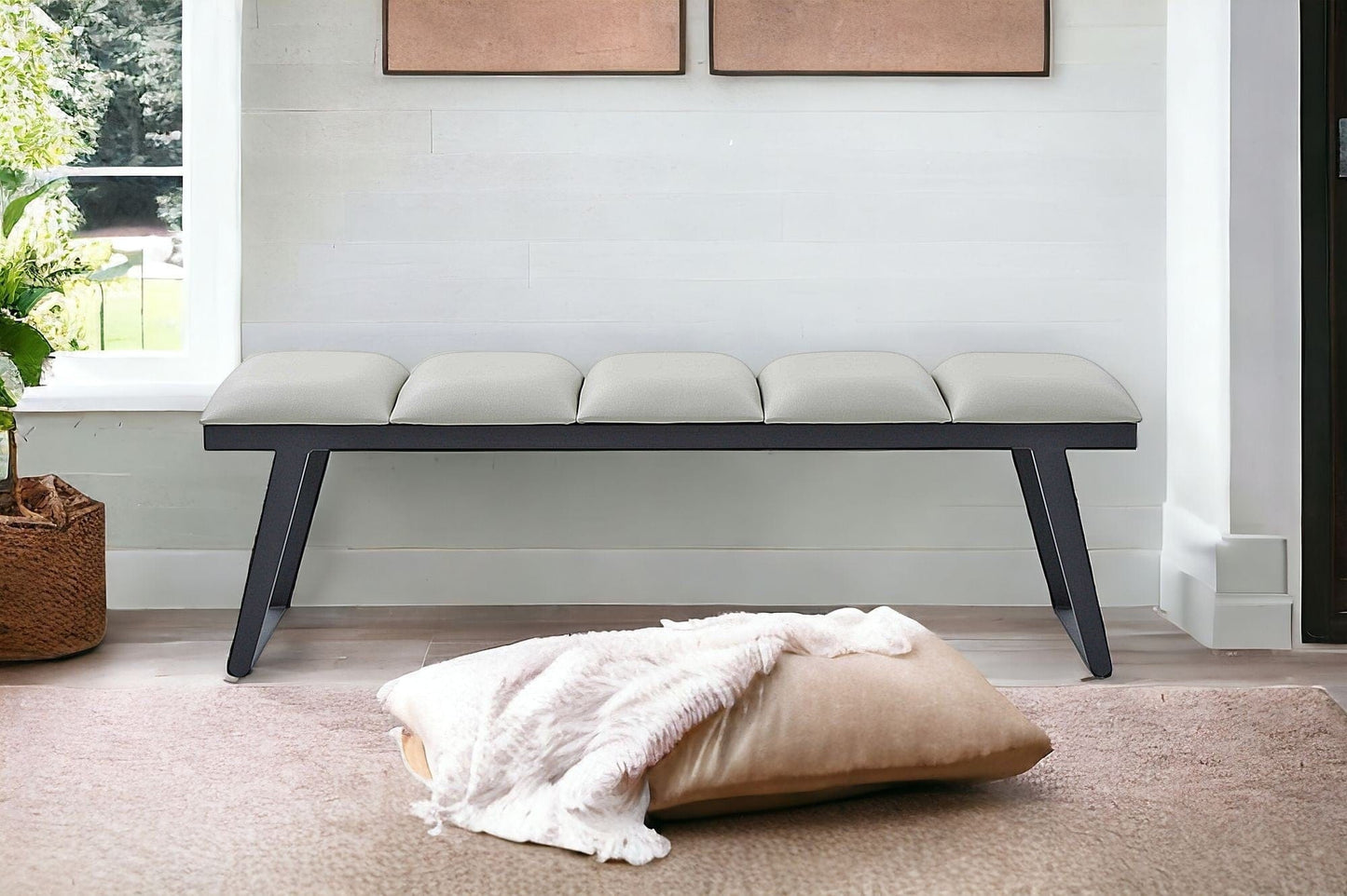 57" Light Gray and Black Upholstered Faux Leather Bench - Homeroots - Flyclothing LLC