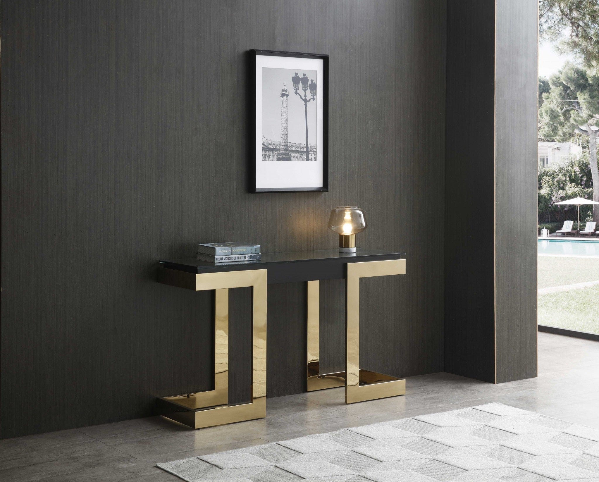 52" Black and Gold Glass Pedestal Console Table - Homeroots