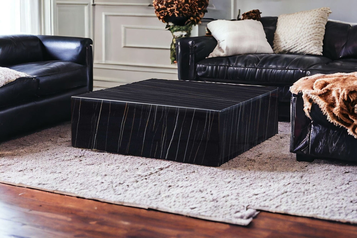 35" Black Genuine Marble And Brass Square Coffee Table - Homeroots - Flyclothing LLC