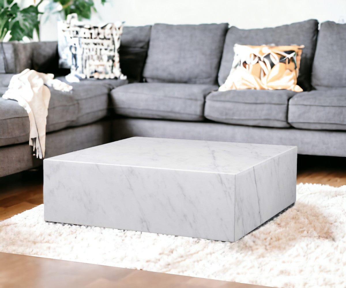 35" White Genuine Marble And Brass Square Coffee Table - Homeroots