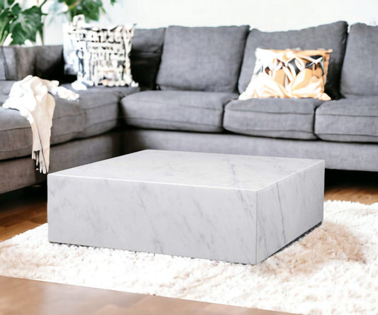 35" White Genuine Marble And Brass Square Coffee Table - Homeroots