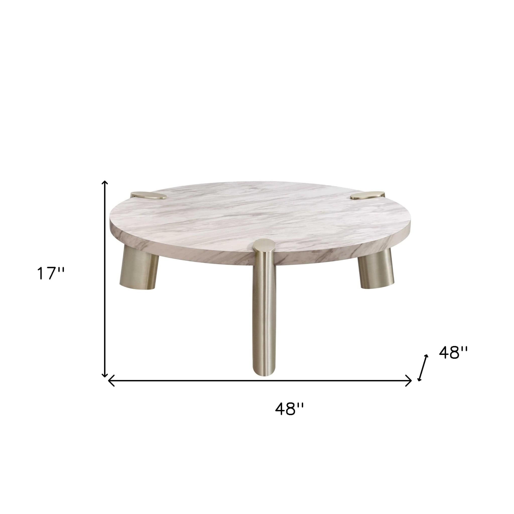 48" Gold And White Genuine Marble Round Coffee Table - Homeroots