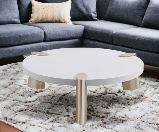 40" White And Gold Stainless Steel Round Coffee Table - Homeroots