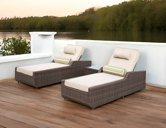 78" Set of Two Brown Indoor Outdoor Chaise Lounge with Beige Cushion - Homeroots