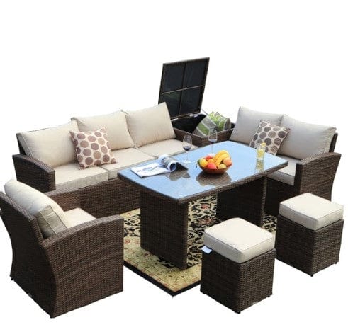 179.85" X 31.89" 32.68" Brown 7Piece Steel Outdoor Sectional Sofa Set With Ottomans And Storage Box - Homeroots - Flyclothing LLC