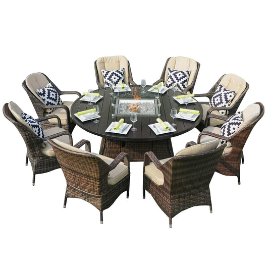 Brown Wicker Round Outdoor Fire Pit Dining Set With 8 Chairs - Homeroots - Flyclothing LLC