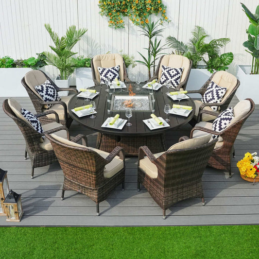 Brown Wicker Round Outdoor Fire Pit Dining Set With 8 Chairs - Homeroots - Flyclothing LLC