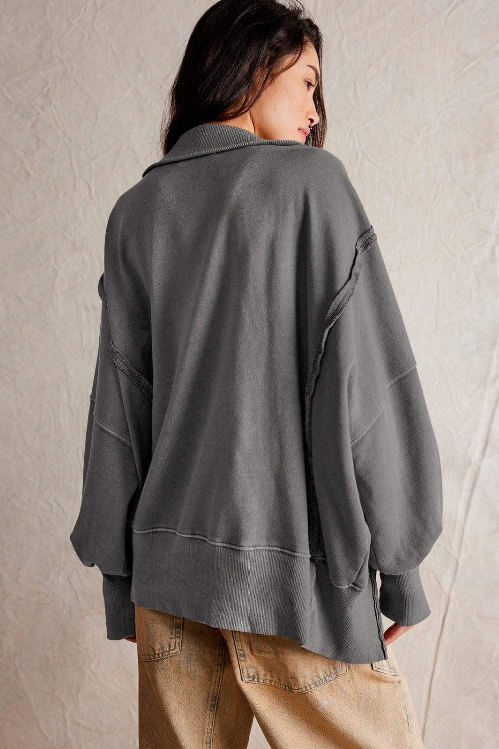 Exposed Seam Side Slit Long Sleeve Sweatshirt - Trendsi - Flyclothing LLC