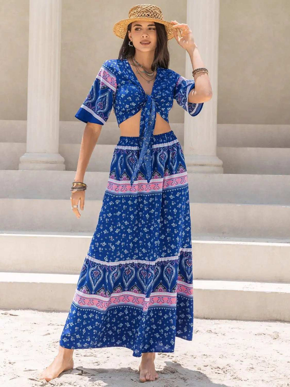 Printed Flutter Sleeve Top and Skirt Set - Trendsi - Flyclothing LLC
