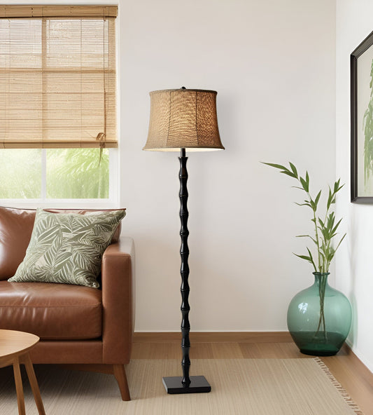 62" Black Textured Pole Floor Lamp With Beige Burlap Shade - Homeroots