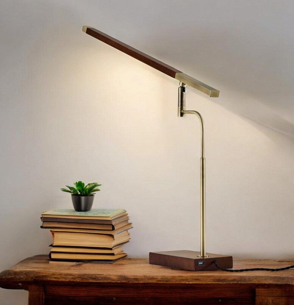Walnut Wood Finish And Antique Brass Metal Adjustable Led Desk Lamp With Usb Port - Homeroots