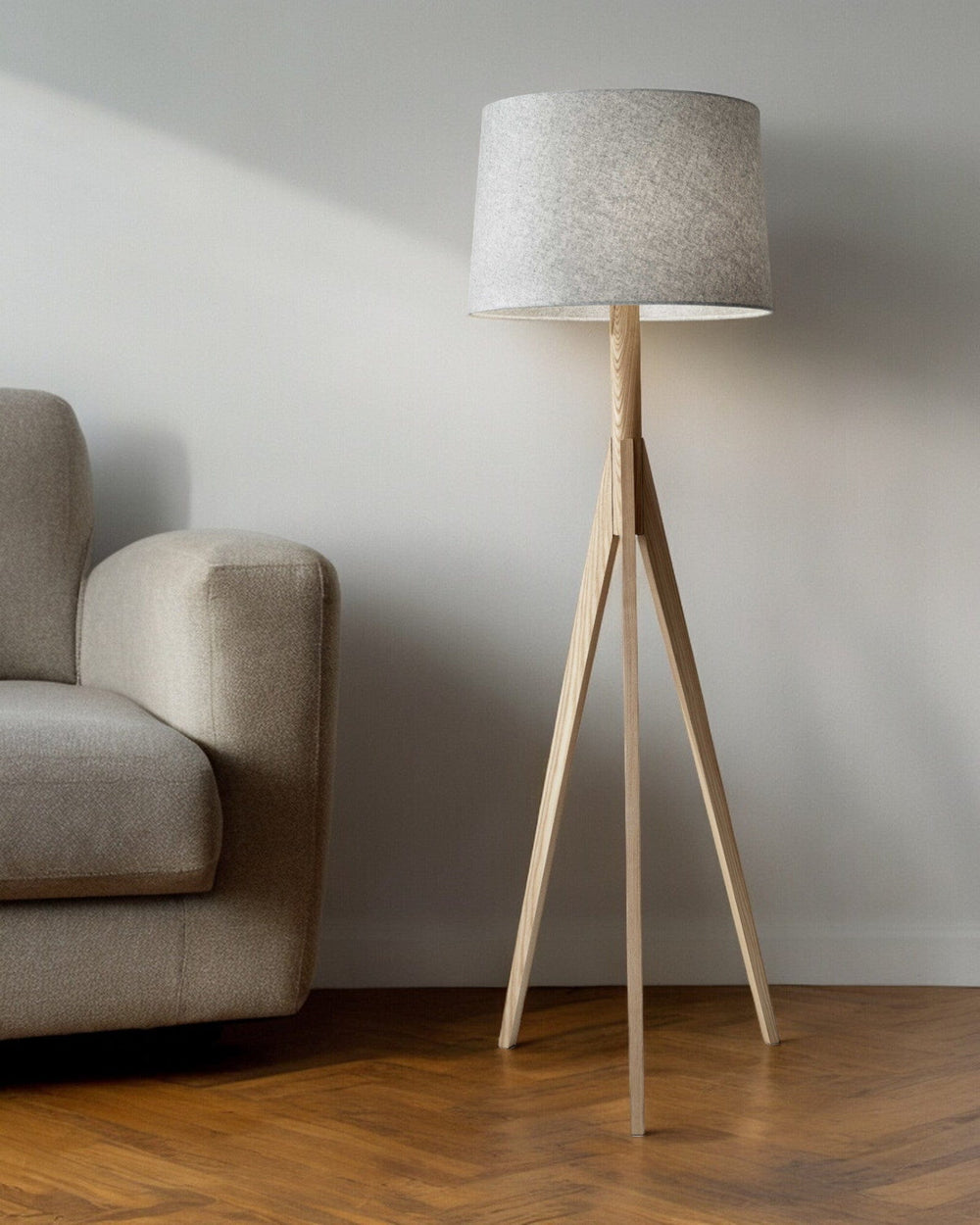 59" Natural Solid Wood Tripod Floor Lamp With Gray Fabric Empire Shade - Homeroots