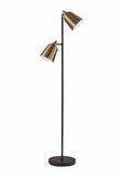 58" Black Two Light Floor Lamp With Antiqued Brass Cone Shades - Homeroots