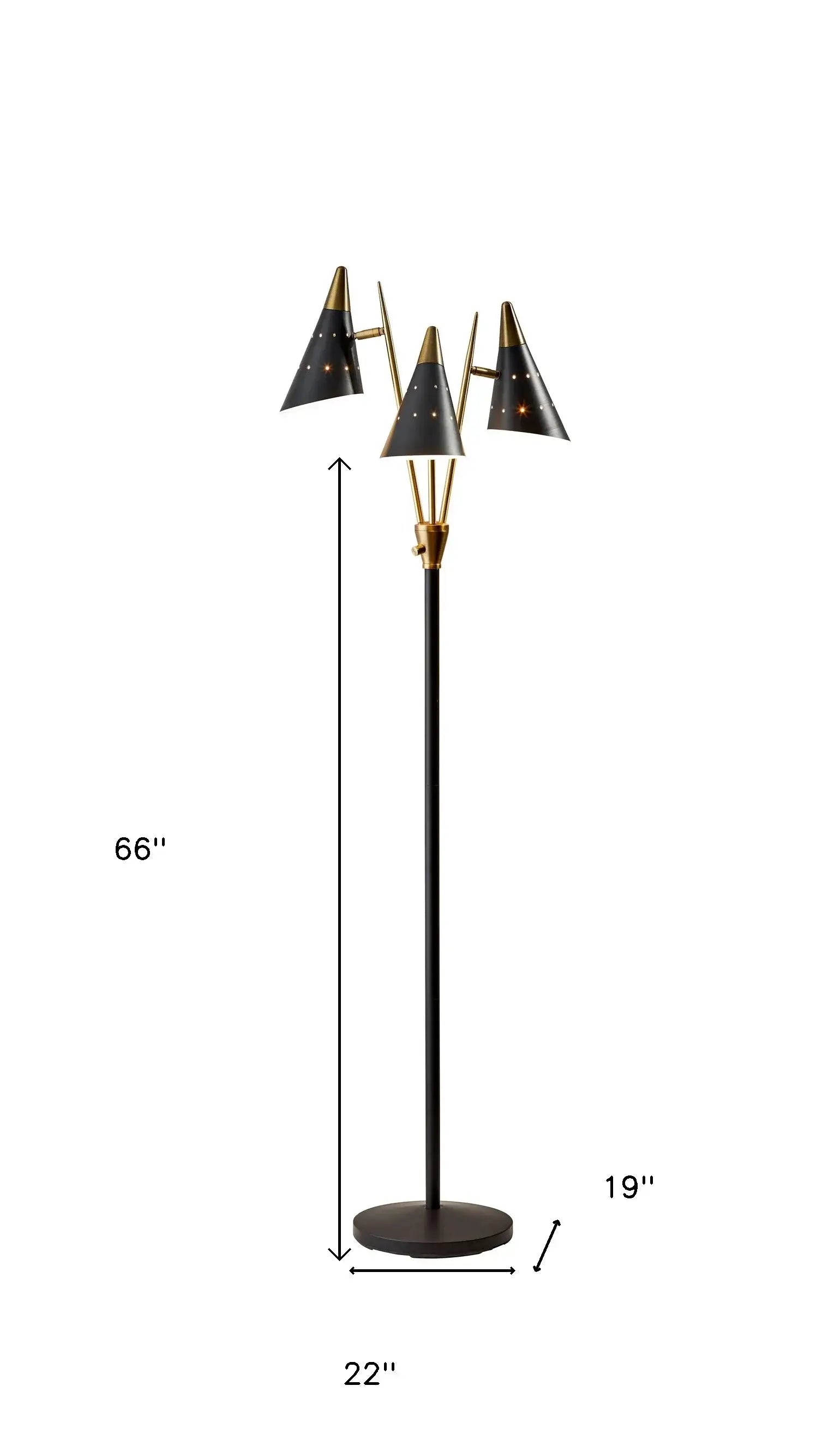 66" Black Three Light Novelty Floor Lamp With Black Cone Shade - Homeroots - Flyclothing LLC