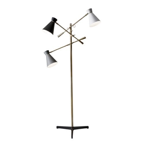 Three Arm Adjustable Floor Lamp In Brass Metal With Grey Black And White Shades - Homeroots