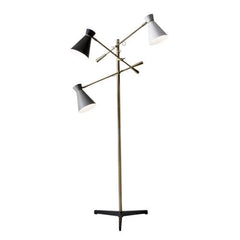 Three Arm Adjustable Floor Lamp In Brass Metal With Grey Black And White Shades - Homeroots