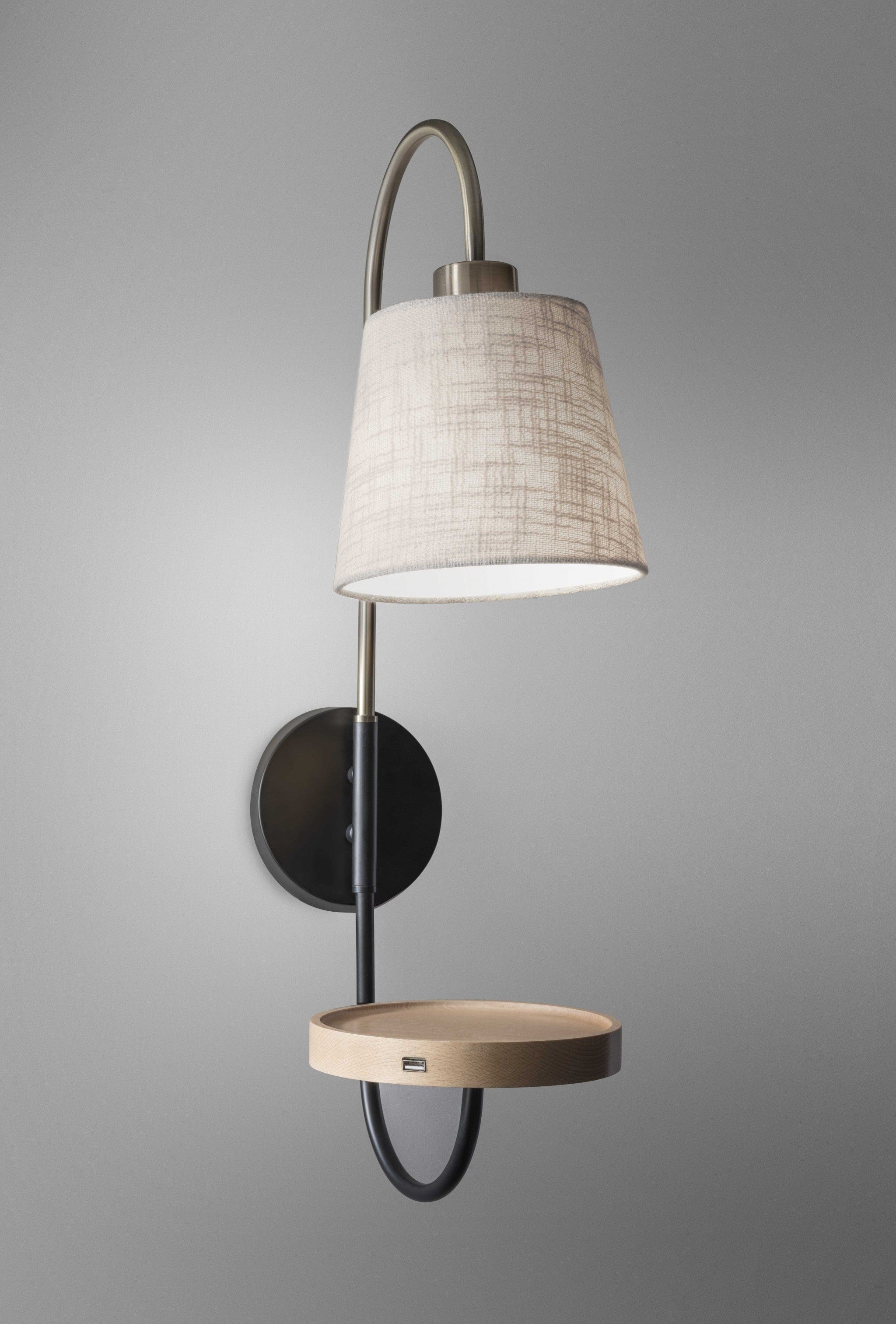 Antique Brass And Black Metal Wall Lamp With Usb Charging Station Wood Shelf - Homeroots