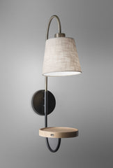 Antique Brass And Black Metal Wall Lamp With Usb Charging Station Wood Shelf - Homeroots
