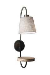 Antique Brass And Black Metal Wall Lamp With Usb Charging Station Wood Shelf