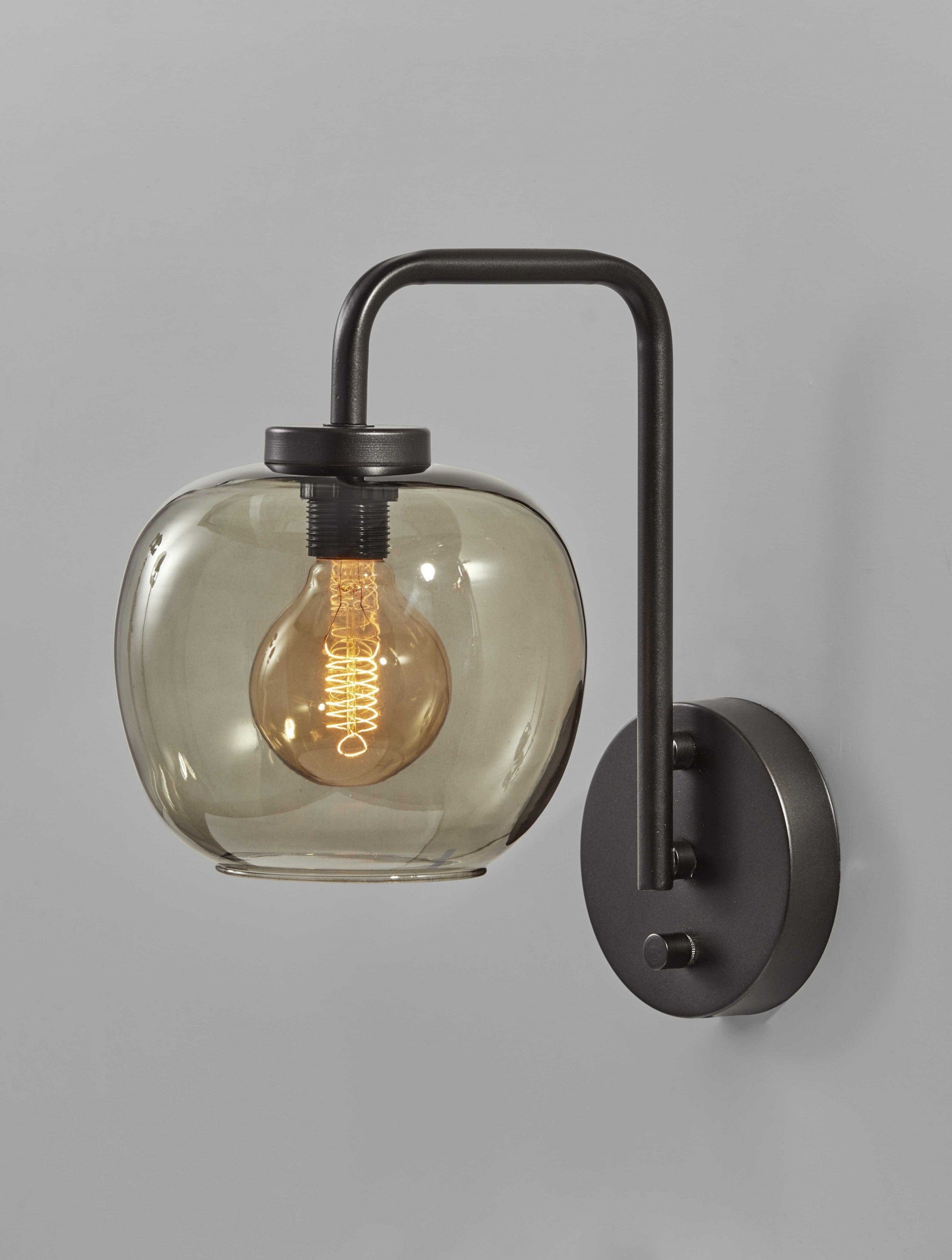 Smoked Glass Globe Shade With Vintage Edison Bulb And Matte Black Metal Wall Lamp - Homeroots